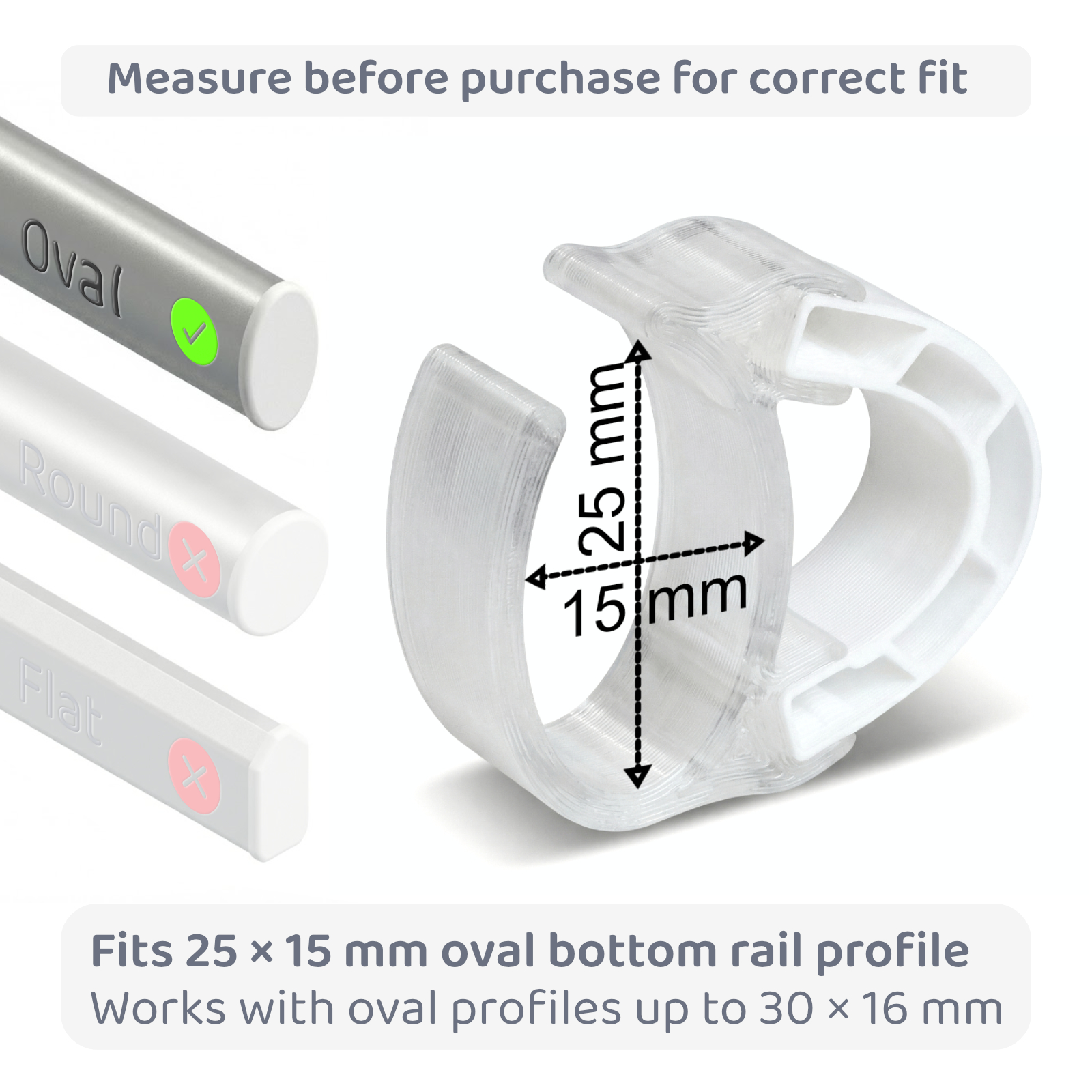 Oval snap-on sizing diagram: 25 by 15 mm oval rail profile, compatible up to 30 by 16 mm